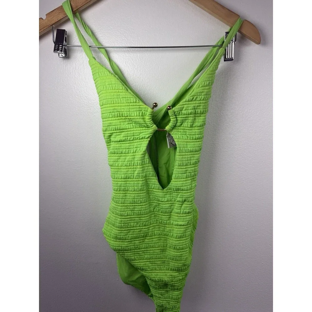 Neon Green Textured One Piece Swimsuit Open Back Ring Detail Criss Cross Size S